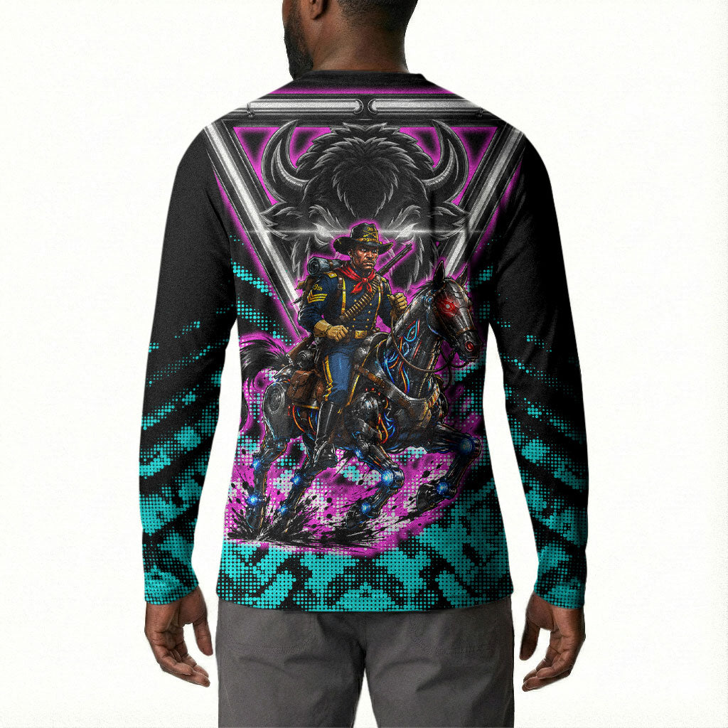 Buffalo Soldiers 9th Cavalry Regiment Button Sweatshirt Cyberpunk Synthwave Neon Futuristic Graphic Art
