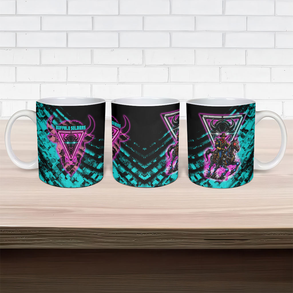 Buffalo Soldiers 9th Cavalry Regiment Ceramic Mug Cyberpunk Synthwave Neon Futuristic Graphic Art