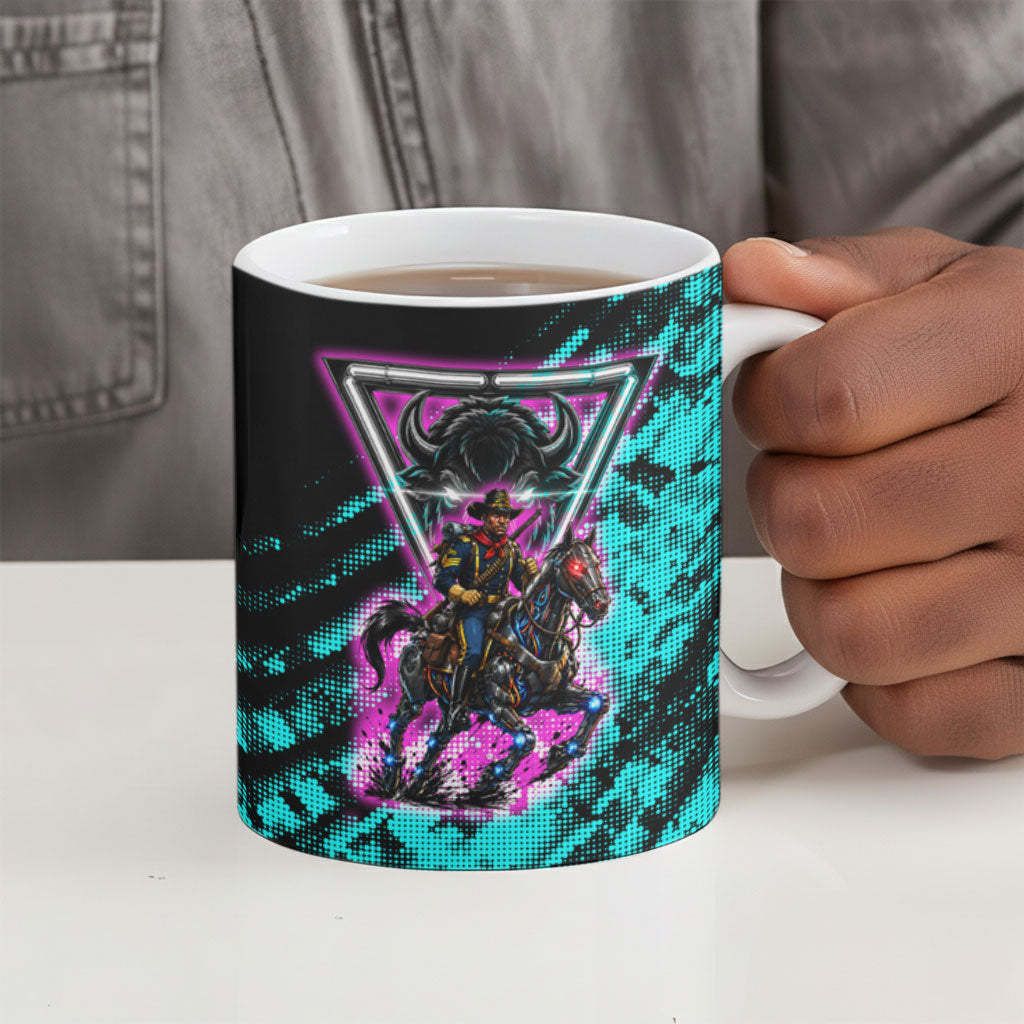 Buffalo Soldiers 9th Cavalry Regiment Ceramic Mug Cyberpunk Synthwave Neon Futuristic Graphic Art