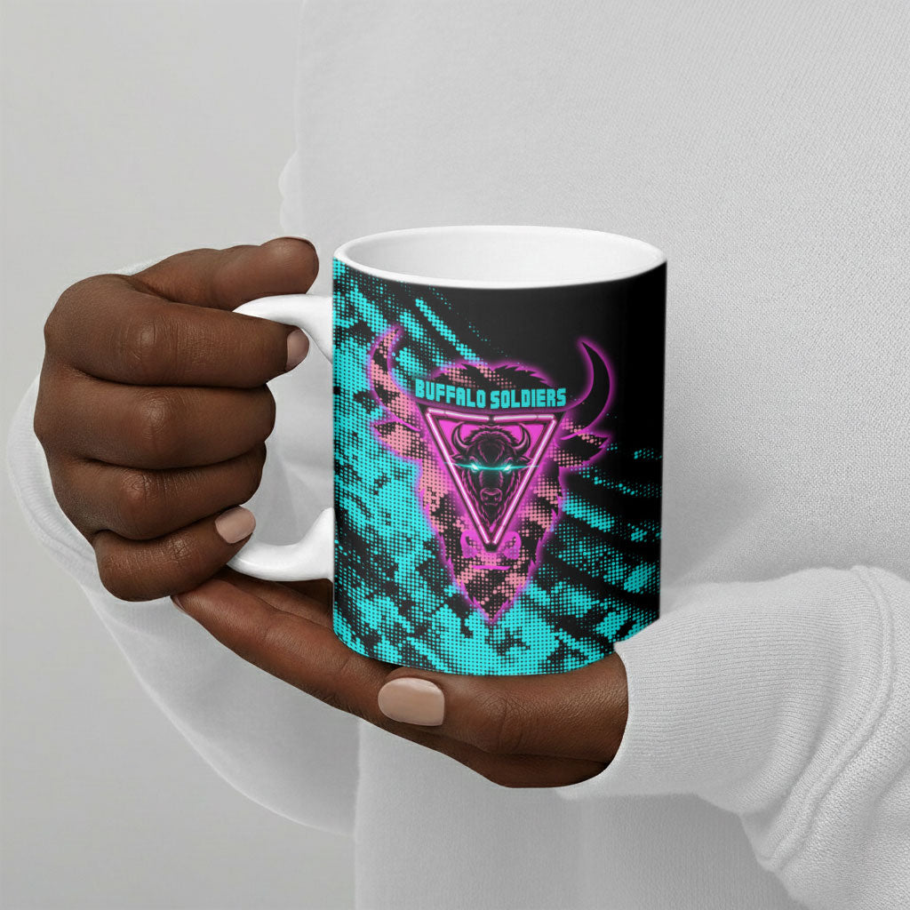 Buffalo Soldiers 9th Cavalry Regiment Ceramic Mug Cyberpunk Synthwave Neon Futuristic Graphic Art