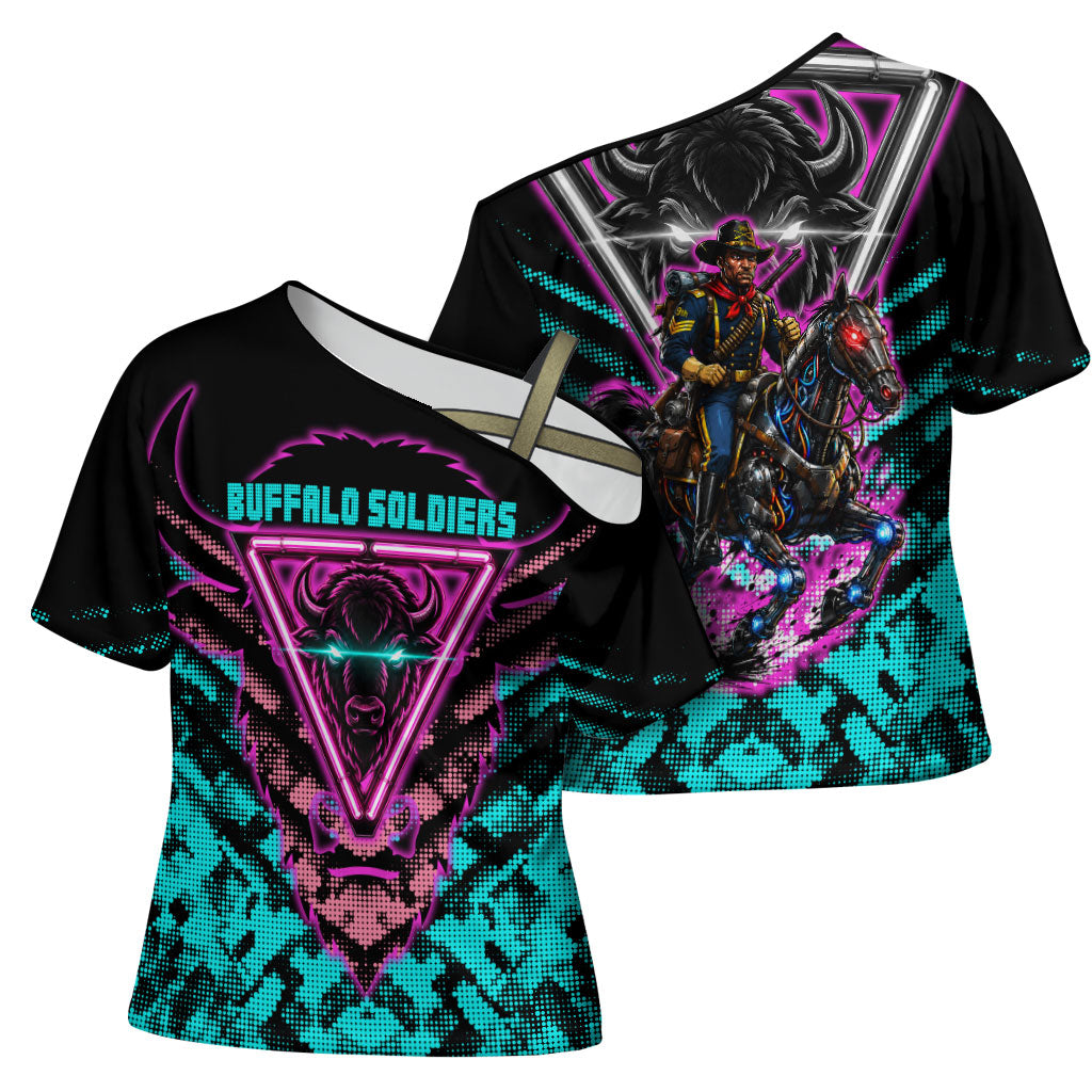 Buffalo Soldiers 9th Cavalry Regiment Cross Shoulder Shirt Cyberpunk Synthwave Neon Futuristic Graphic Art