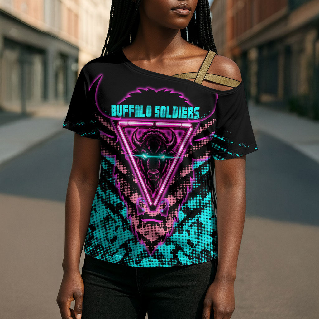 Buffalo Soldiers 9th Cavalry Regiment Cross Shoulder Shirt Cyberpunk Synthwave Neon Futuristic Graphic Art