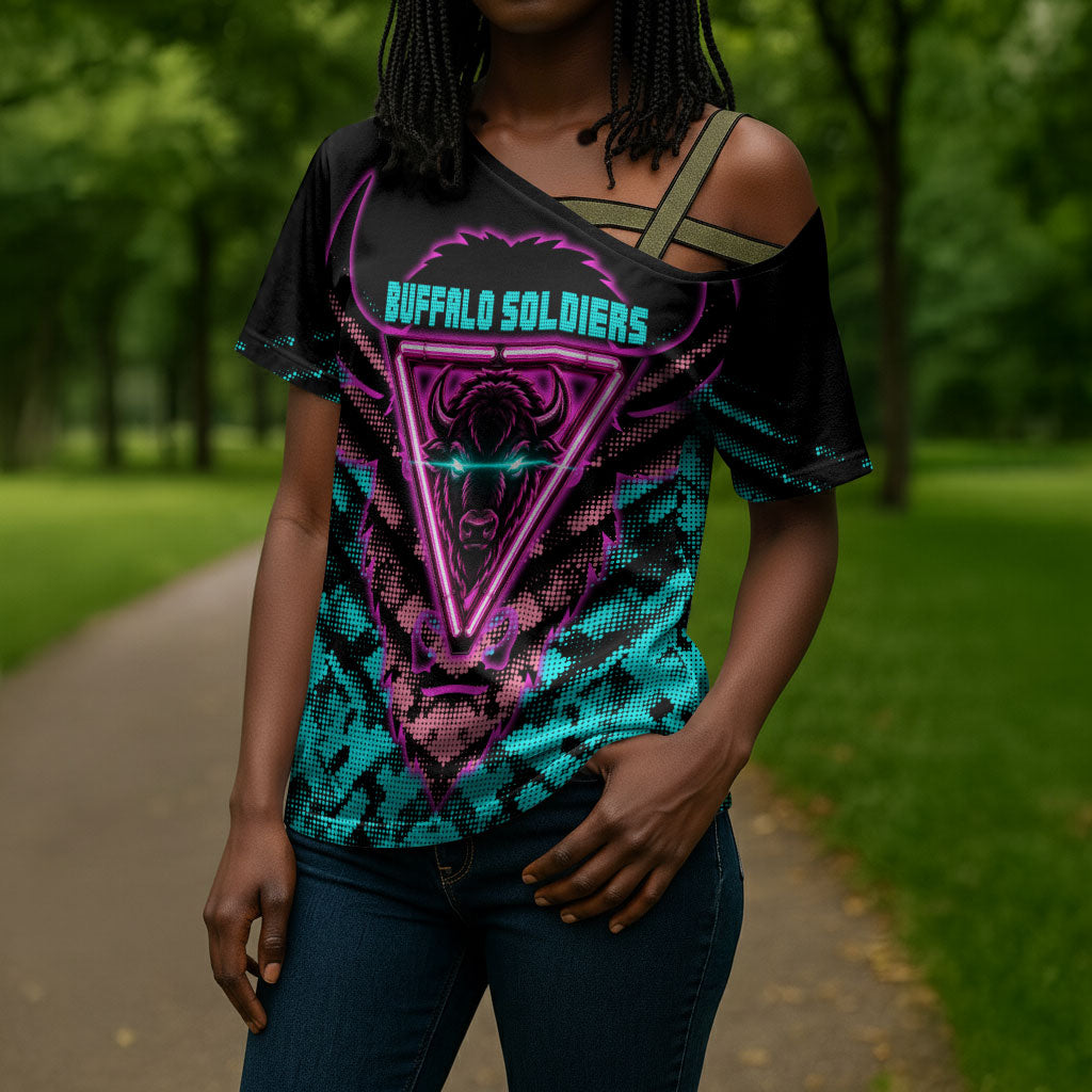 Buffalo Soldiers 9th Cavalry Regiment Cross Shoulder Shirt Cyberpunk Synthwave Neon Futuristic Graphic Art