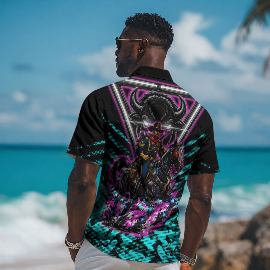 Buffalo Soldiers 9th Cavalry Regiment Hawaiian Shirt Cyberpunk Synthwave Neon Futuristic Graphic Art