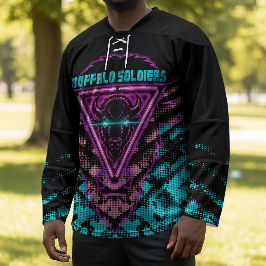 Buffalo Soldiers 9th Cavalry Regiment Hockey Jersey Cyberpunk Synthwave Neon Futuristic Graphic Art