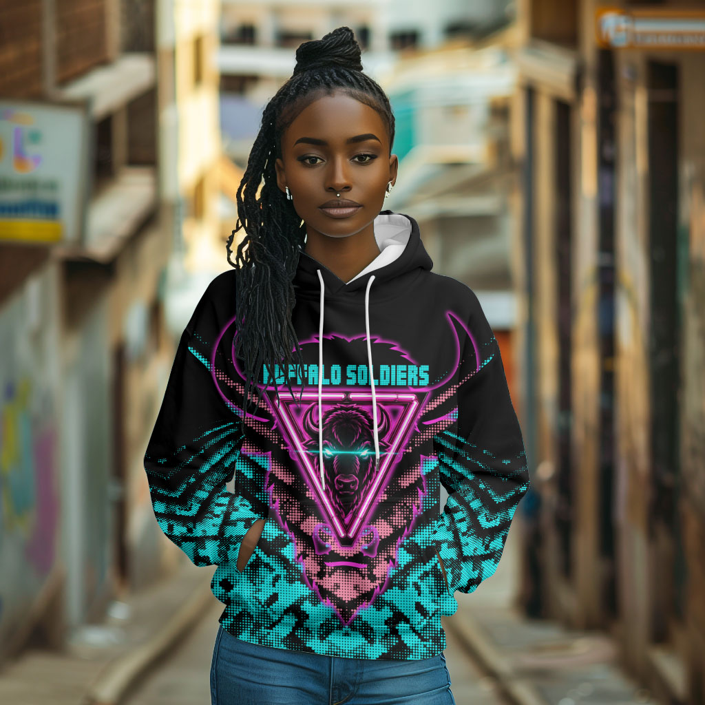 Buffalo Soldiers 9th Cavalry Regiment Hoodie Cyberpunk Synthwave Neon Futuristic Graphic Art