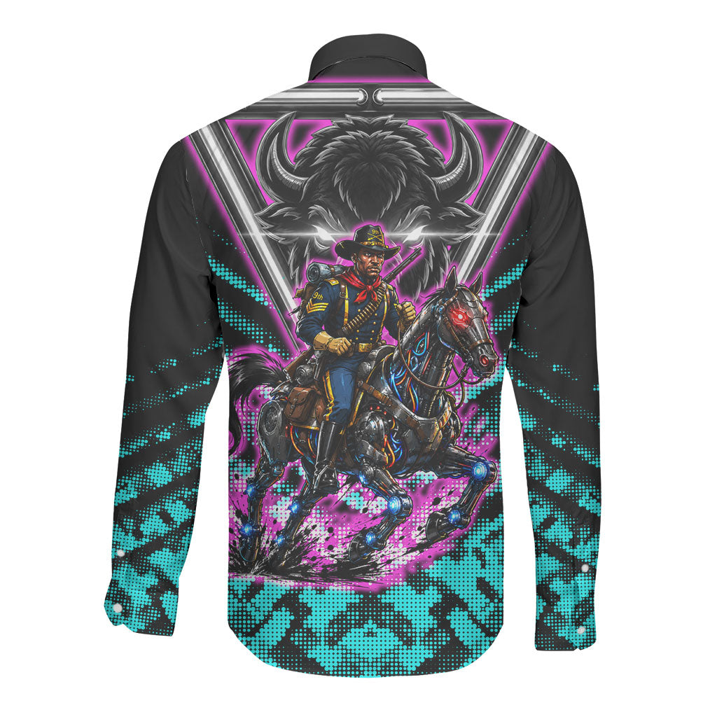 Buffalo Soldiers 9th Cavalry Regiment Long Sleeve Button Shirt Cyberpunk Synthwave Neon Futuristic Graphic Art