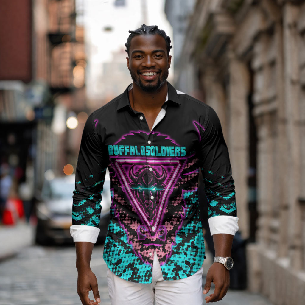 Buffalo Soldiers 9th Cavalry Regiment Long Sleeve Button Shirt Cyberpunk Synthwave Neon Futuristic Graphic Art