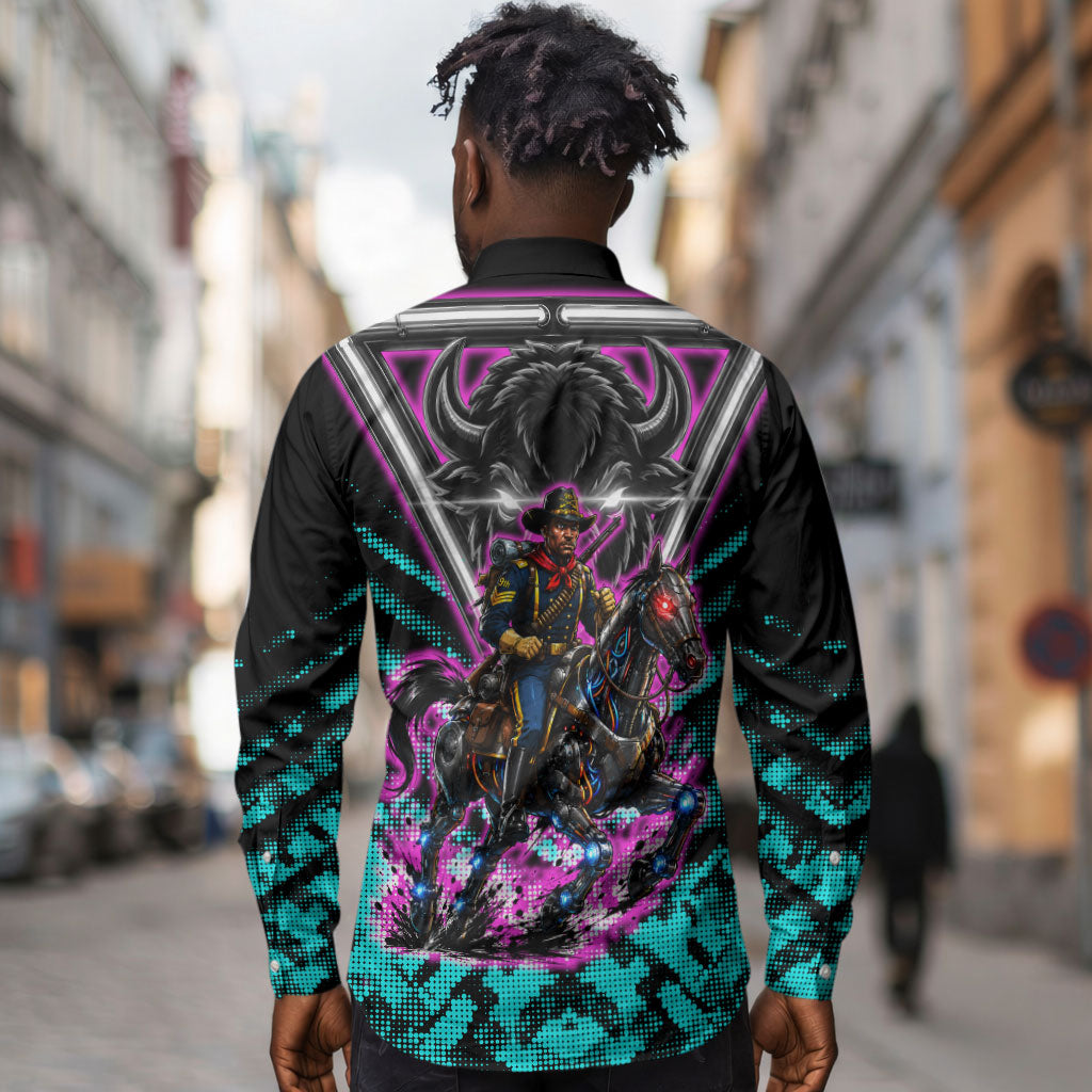 Buffalo Soldiers 9th Cavalry Regiment Long Sleeve Button Shirt Cyberpunk Synthwave Neon Futuristic Graphic Art