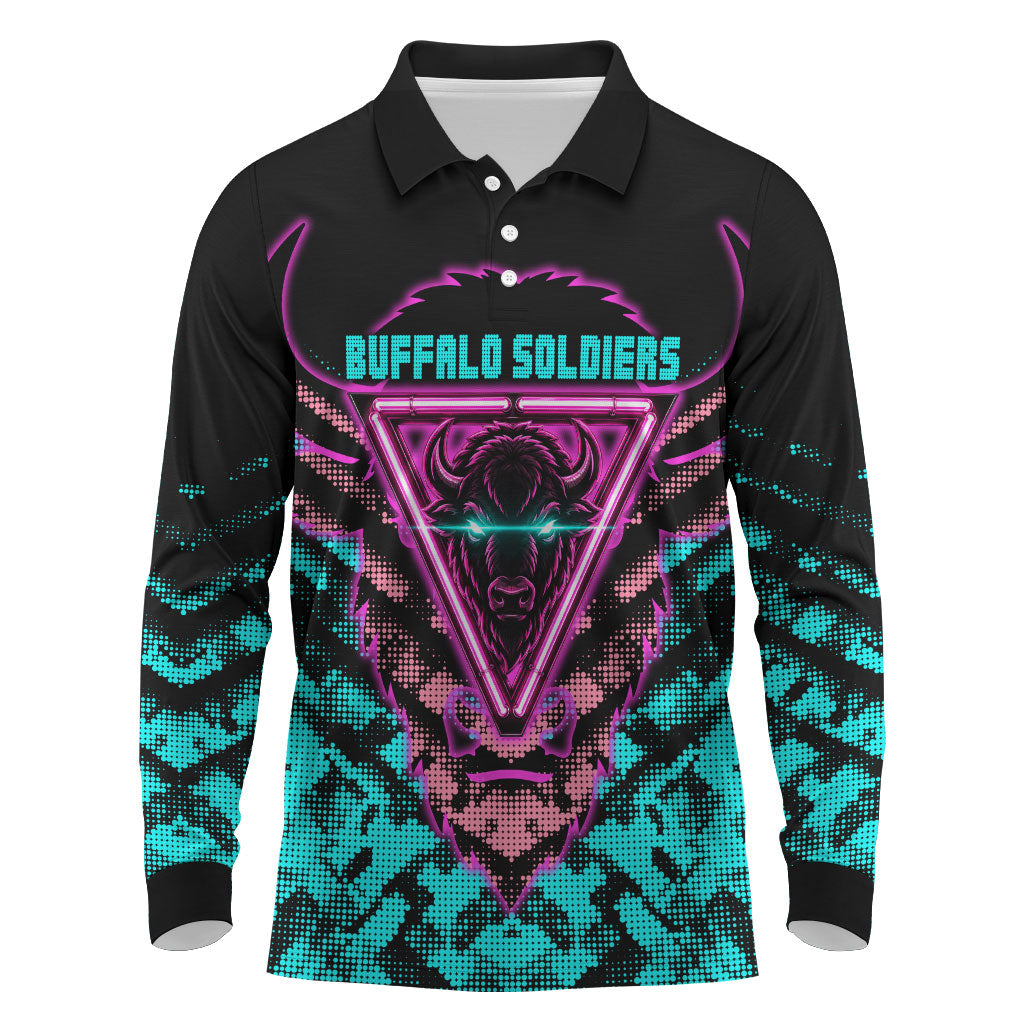 Buffalo Soldiers 9th Cavalry Regiment Long Sleeve Polo Shirt Cyberpunk Synthwave Neon Futuristic Graphic Art
