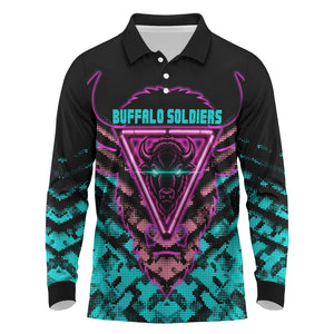 Buffalo Soldiers 9th Cavalry Regiment Long Sleeve Polo Shirt Cyberpunk Synthwave Neon Futuristic Graphic Art
