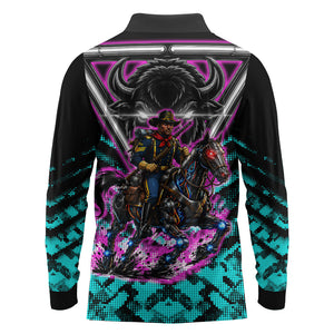 Buffalo Soldiers 9th Cavalry Regiment Long Sleeve Polo Shirt Cyberpunk Synthwave Neon Futuristic Graphic Art