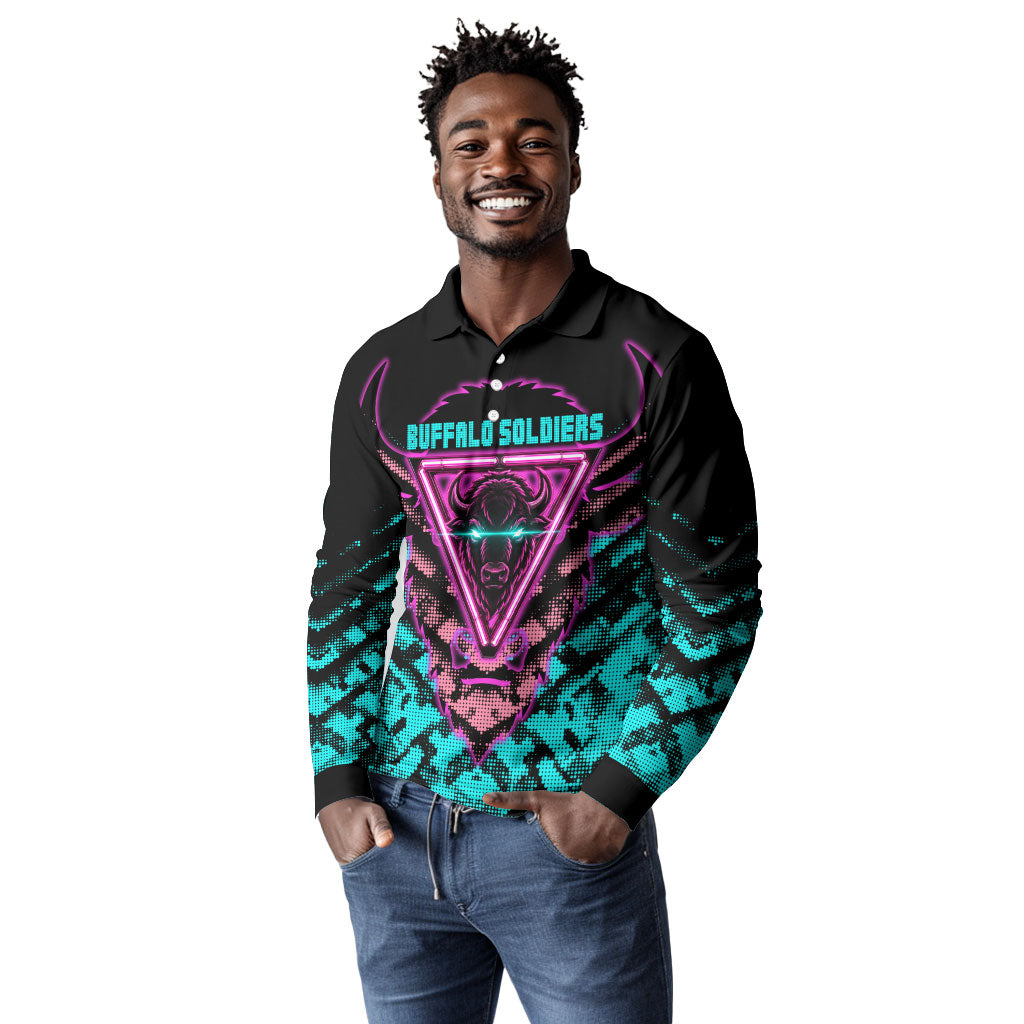 Buffalo Soldiers 9th Cavalry Regiment Long Sleeve Polo Shirt Cyberpunk Synthwave Neon Futuristic Graphic Art