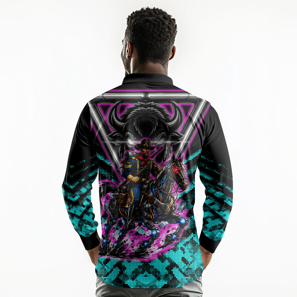 Buffalo Soldiers 9th Cavalry Regiment Long Sleeve Polo Shirt Cyberpunk Synthwave Neon Futuristic Graphic Art