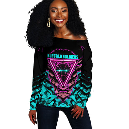 Buffalo Soldiers 9th Cavalry Regiment Off Shoulder Sweater Cyberpunk Synthwave Neon Futuristic Graphic Art