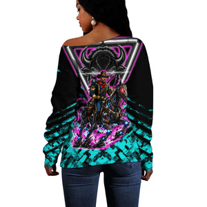 Buffalo Soldiers 9th Cavalry Regiment Off Shoulder Sweater Cyberpunk Synthwave Neon Futuristic Graphic Art