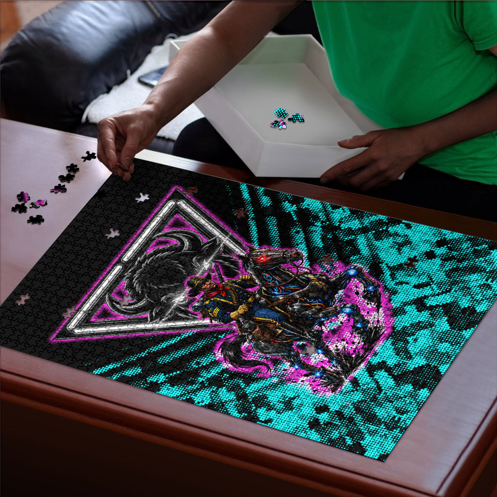 Buffalo Soldiers 9th Cavalry Regiment Puzzle Cyberpunk Synthwave Neon Futuristic Graphic Art