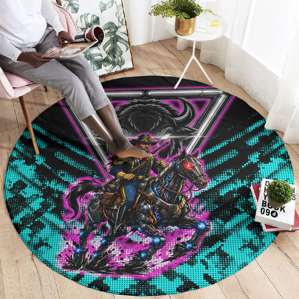 Buffalo Soldiers 9th Cavalry Regiment Round Carpet Cyberpunk Synthwave Neon Futuristic Graphic Art