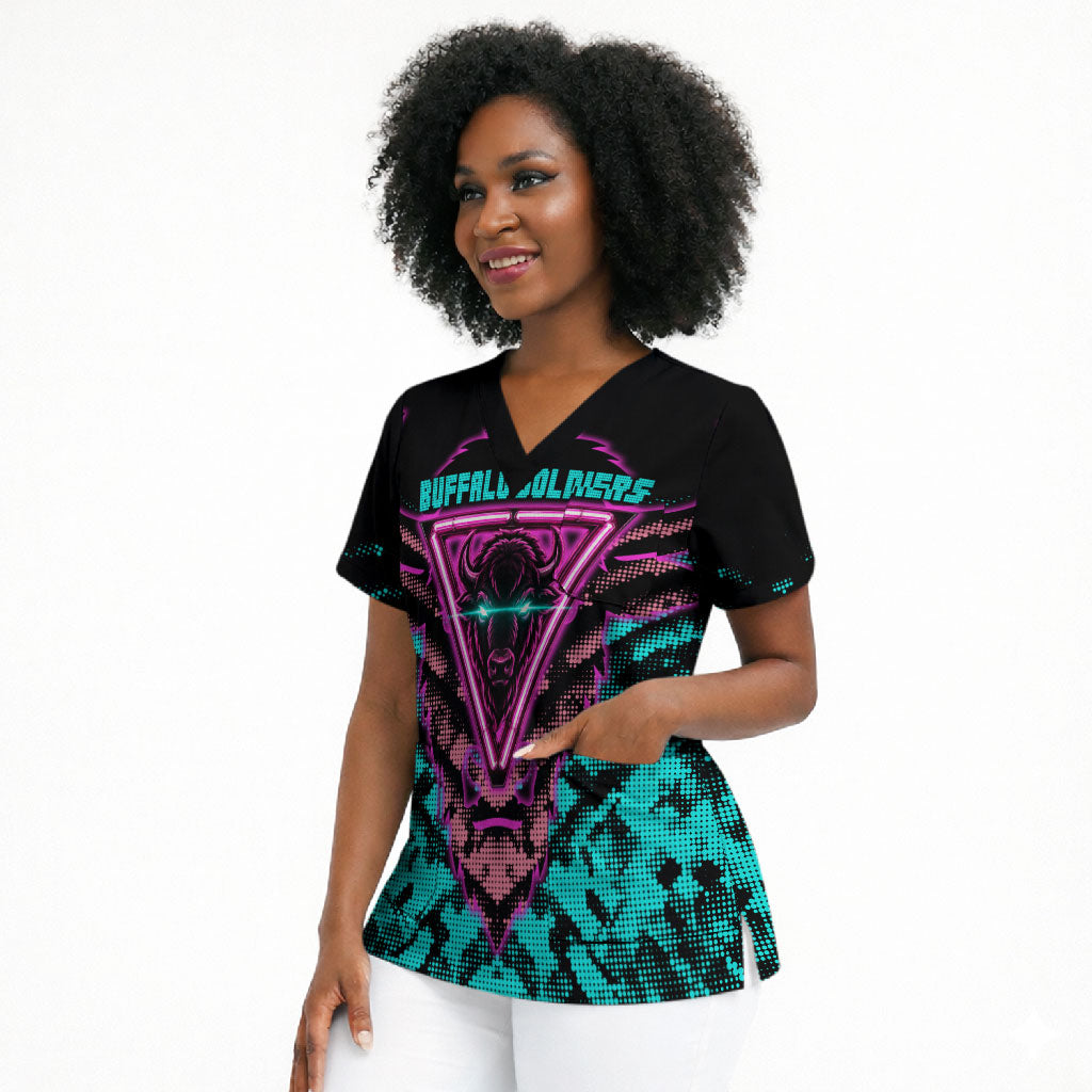 Buffalo Soldiers 9th Cavalry Regiment Scrub Top Cyberpunk Synthwave Neon Futuristic Graphic Art