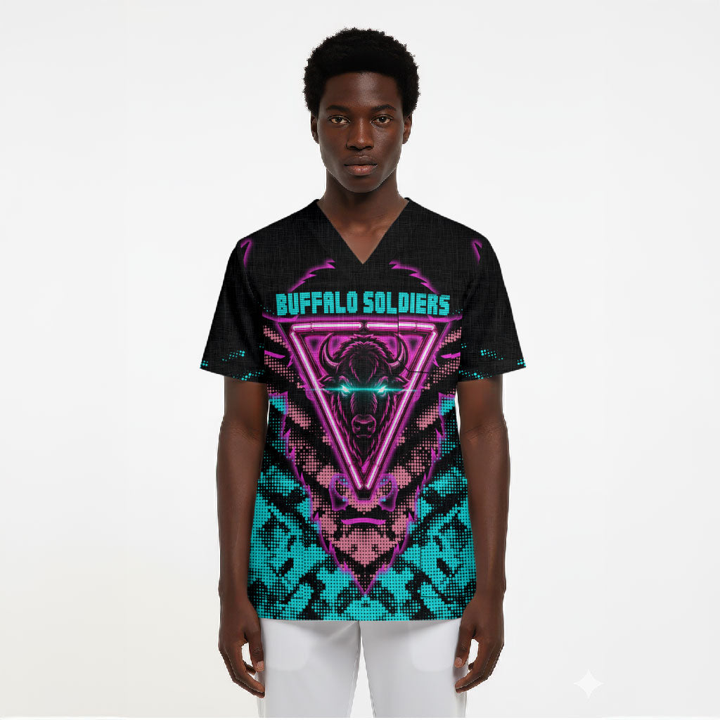 Buffalo Soldiers 9th Cavalry Regiment Scrub Top Cyberpunk Synthwave Neon Futuristic Graphic Art