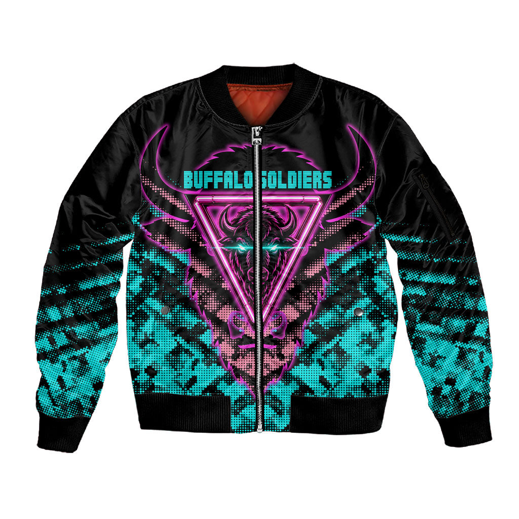 Buffalo Soldiers 9th Cavalry Regiment Sleeve Zip Bomber Jacket Cyberpunk Synthwave Neon Futuristic Graphic Art