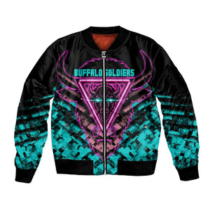 Buffalo Soldiers 9th Cavalry Regiment Sleeve Zip Bomber Jacket Cyberpunk Synthwave Neon Futuristic Graphic Art