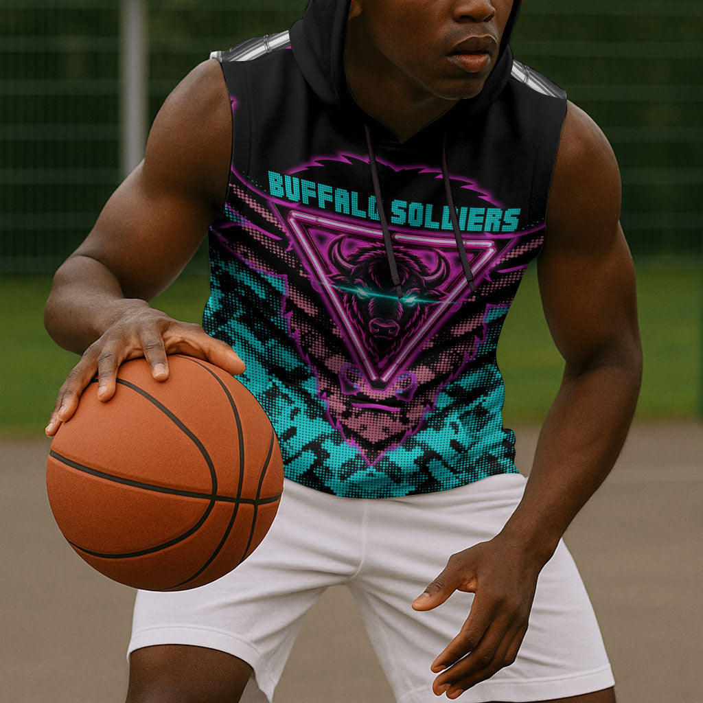 Buffalo Soldiers 9th Cavalry Regiment Sleeveless Hoodie Cyberpunk Synthwave Neon Futuristic Graphic Art