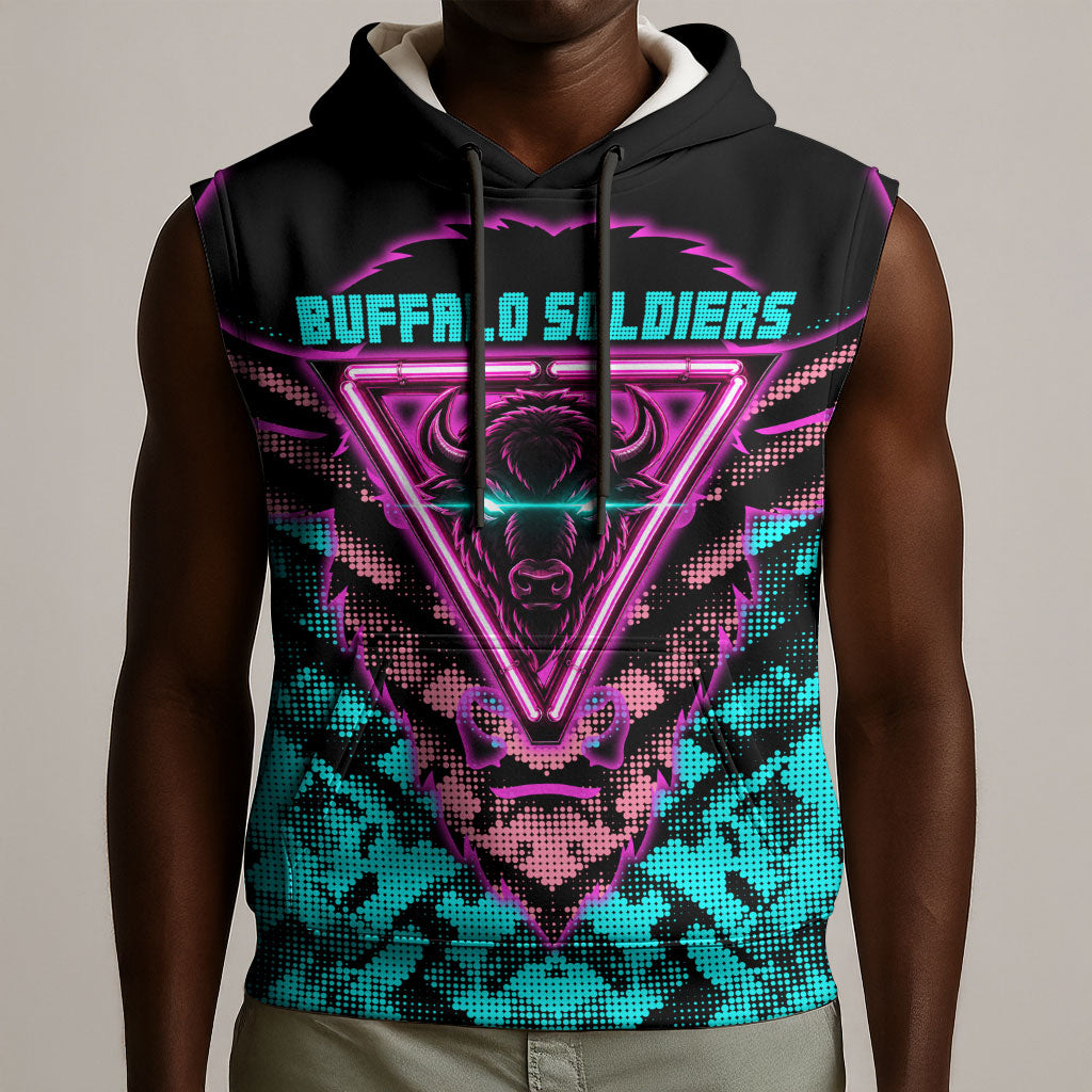 Buffalo Soldiers 9th Cavalry Regiment Sleeveless Hoodie Cyberpunk Synthwave Neon Futuristic Graphic Art