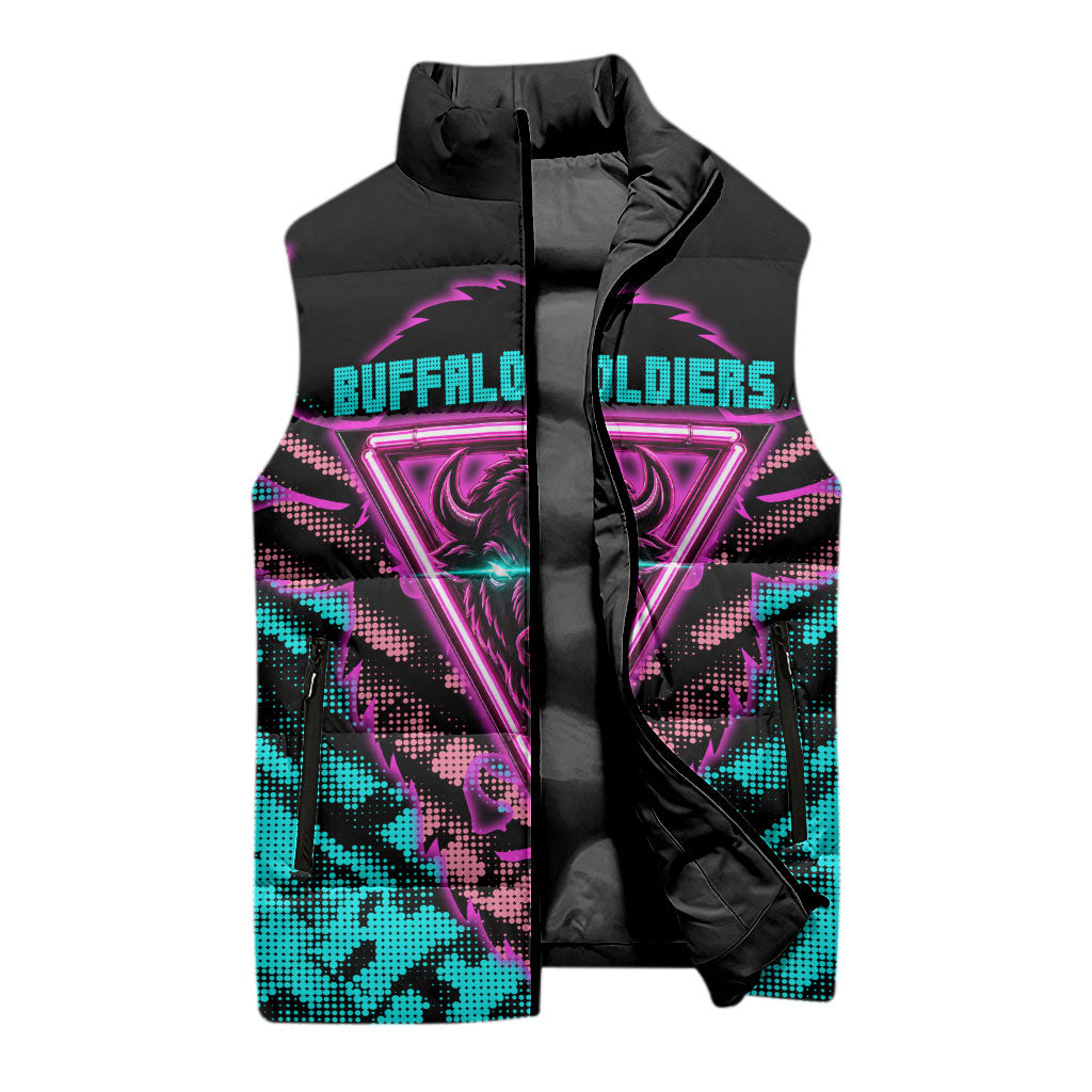 Buffalo Soldiers 9th Cavalry Regiment Sleeveless Puffer Jacket Cyberpunk Synthwave Neon Futuristic Graphic Art