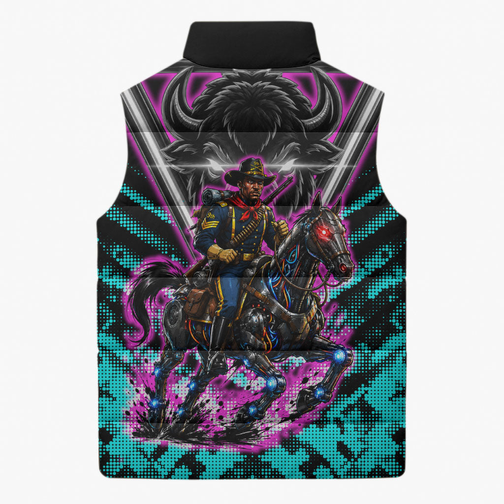Buffalo Soldiers 9th Cavalry Regiment Sleeveless Puffer Jacket Cyberpunk Synthwave Neon Futuristic Graphic Art