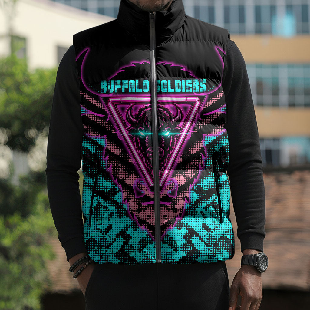 Buffalo Soldiers 9th Cavalry Regiment Sleeveless Puffer Jacket Cyberpunk Synthwave Neon Futuristic Graphic Art