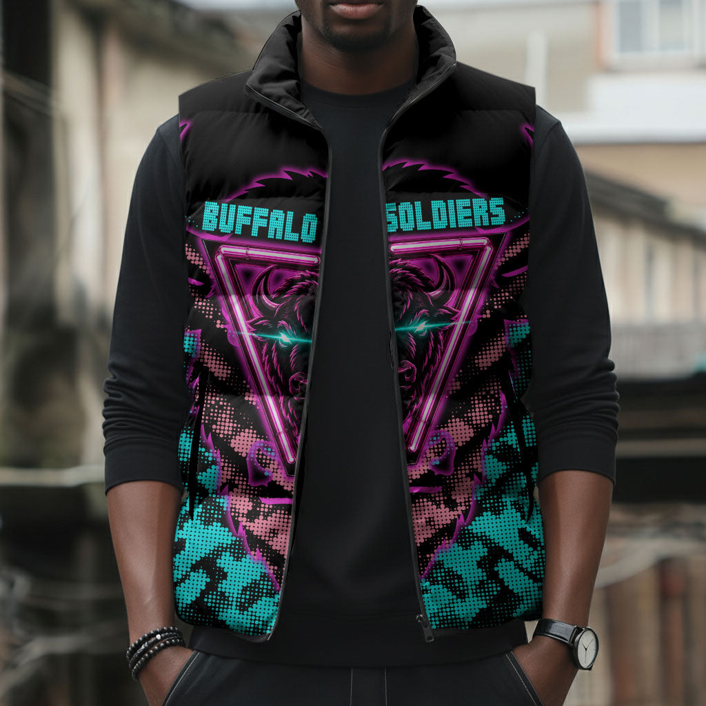 Buffalo Soldiers 9th Cavalry Regiment Sleeveless Puffer Jacket Cyberpunk Synthwave Neon Futuristic Graphic Art