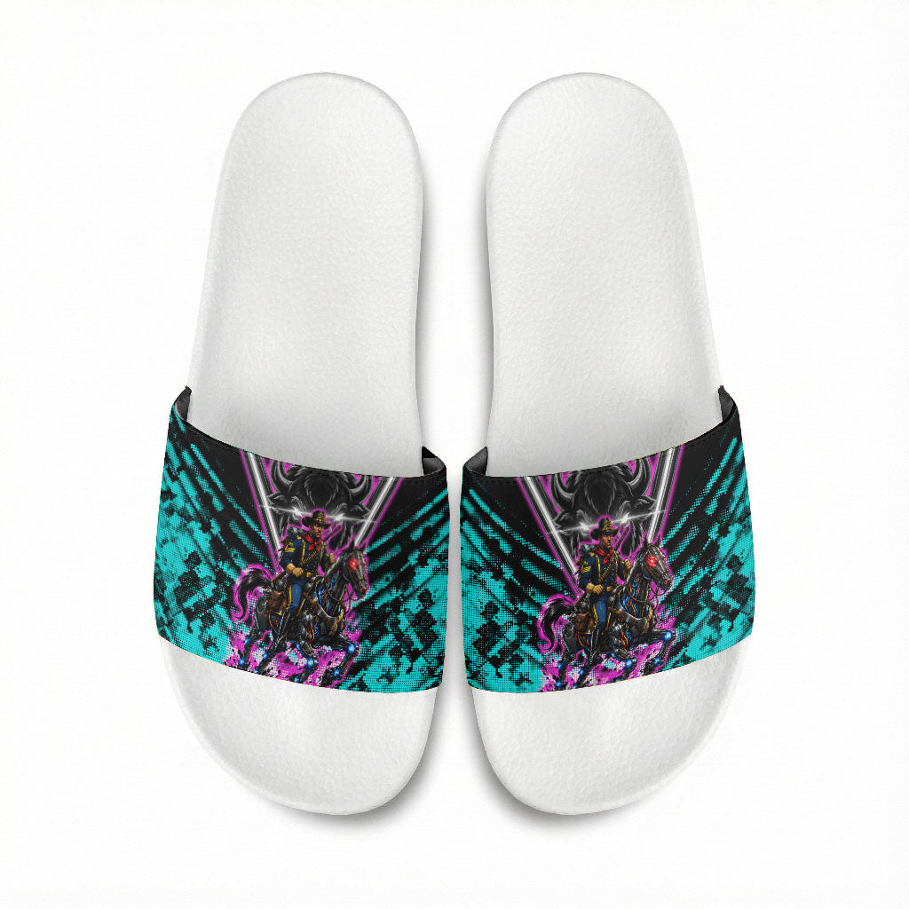 Buffalo Soldiers 9th Cavalry Regiment Slide Sandals Cyberpunk Synthwave Neon Futuristic Graphic Art