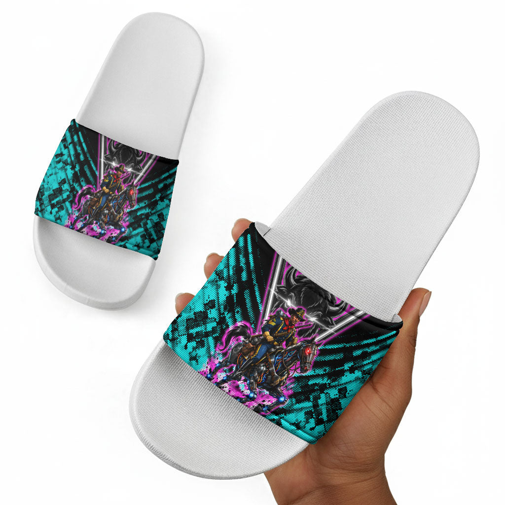 Buffalo Soldiers 9th Cavalry Regiment Slide Sandals Cyberpunk Synthwave Neon Futuristic Graphic Art