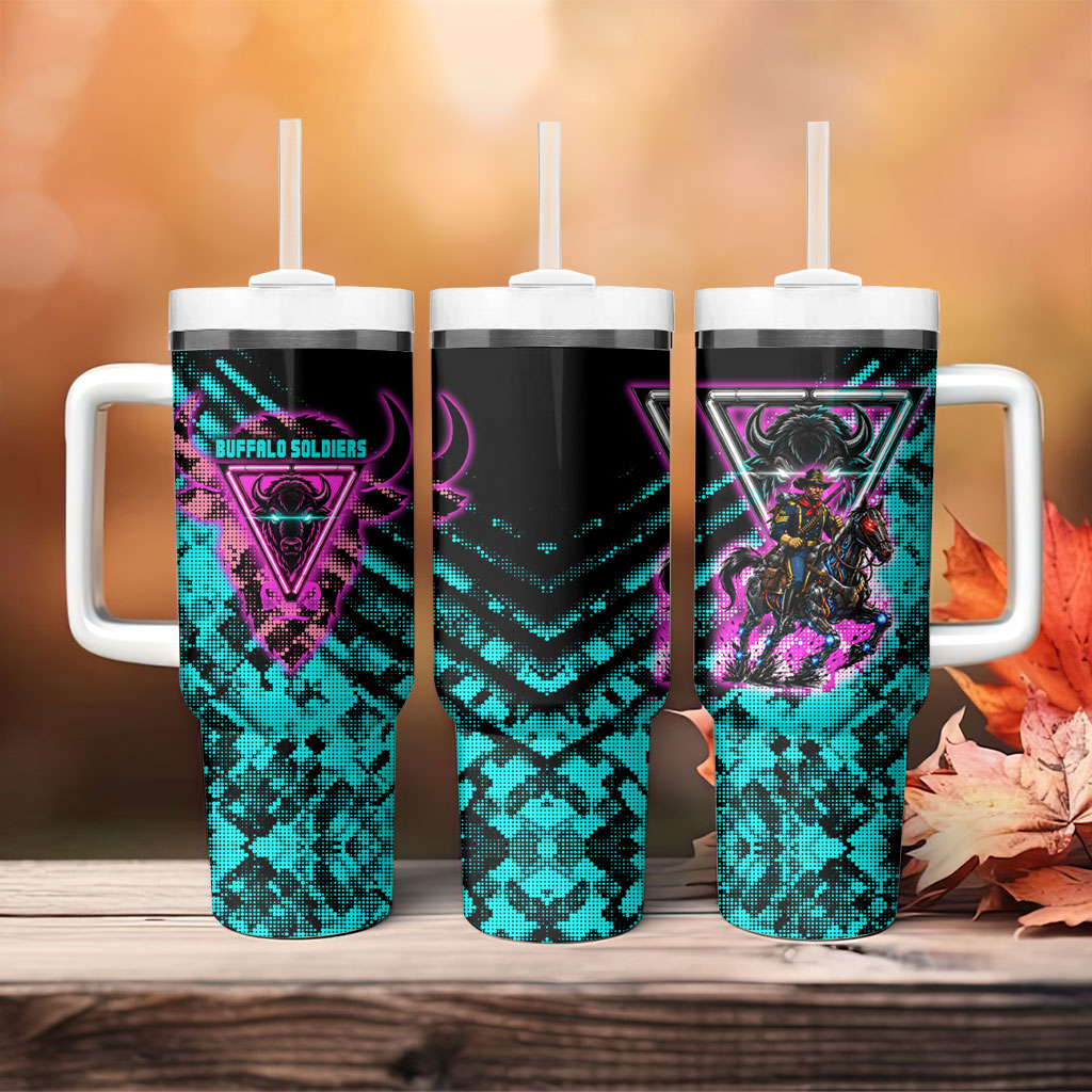 Buffalo Soldiers 9th Cavalry Regiment Tumbler With Handle Cyberpunk Synthwave Neon Futuristic Graphic Art