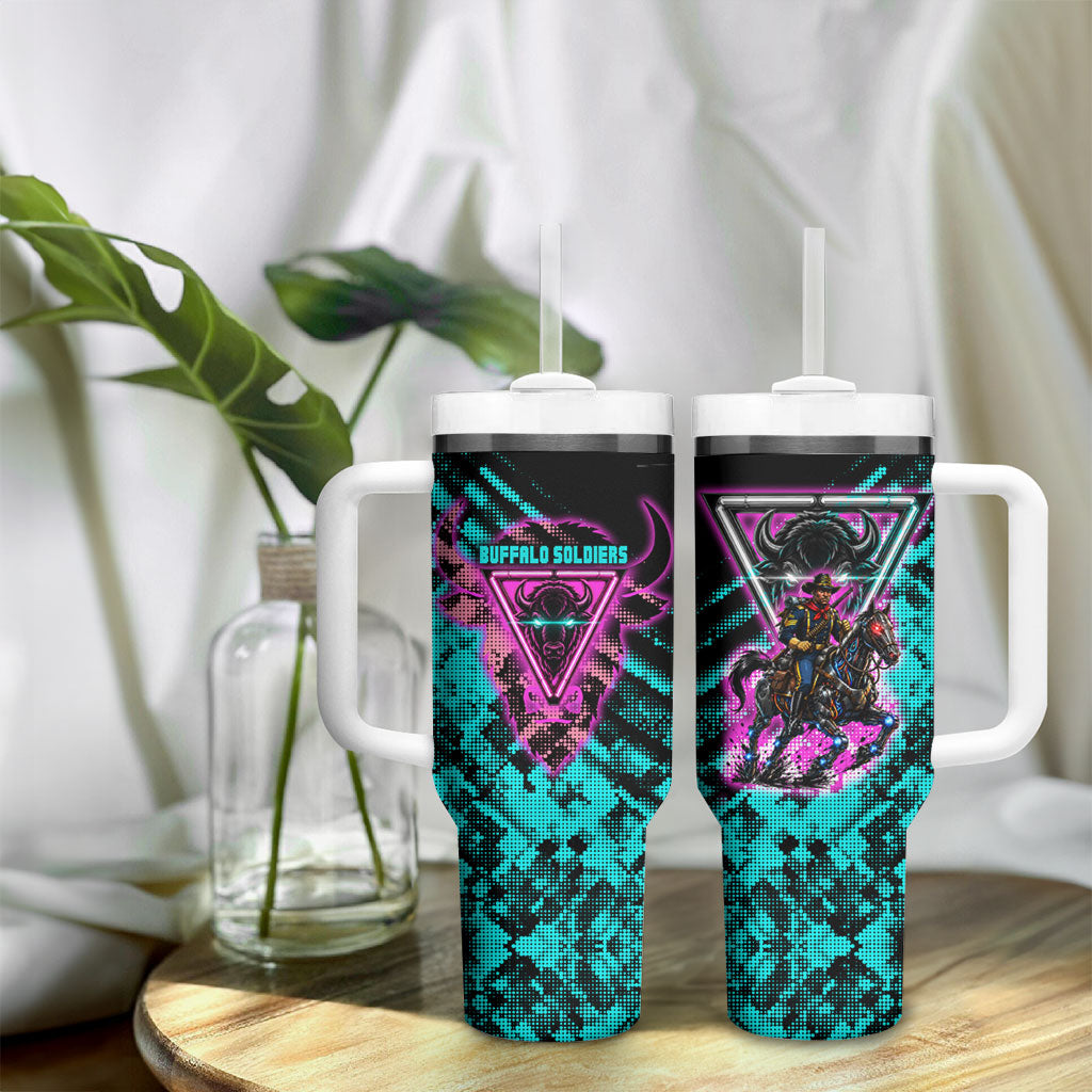 Buffalo Soldiers 9th Cavalry Regiment Tumbler With Handle Cyberpunk Synthwave Neon Futuristic Graphic Art