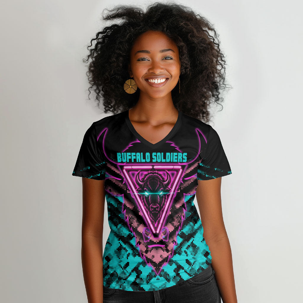 Buffalo Soldiers 9th Cavalry Regiment Women V-Neck T-Shirt Cyberpunk Synthwave Neon Futuristic Graphic Art