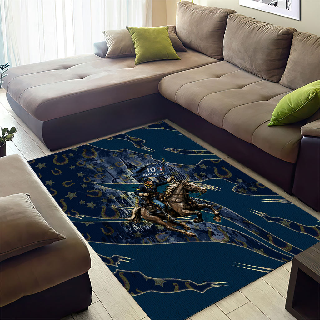 Buffalo Soldiers 10th Cavalry Regiment Ride Or Die Area Rug Patriotic Military Heritage Distressed City Skyline Graphic Art