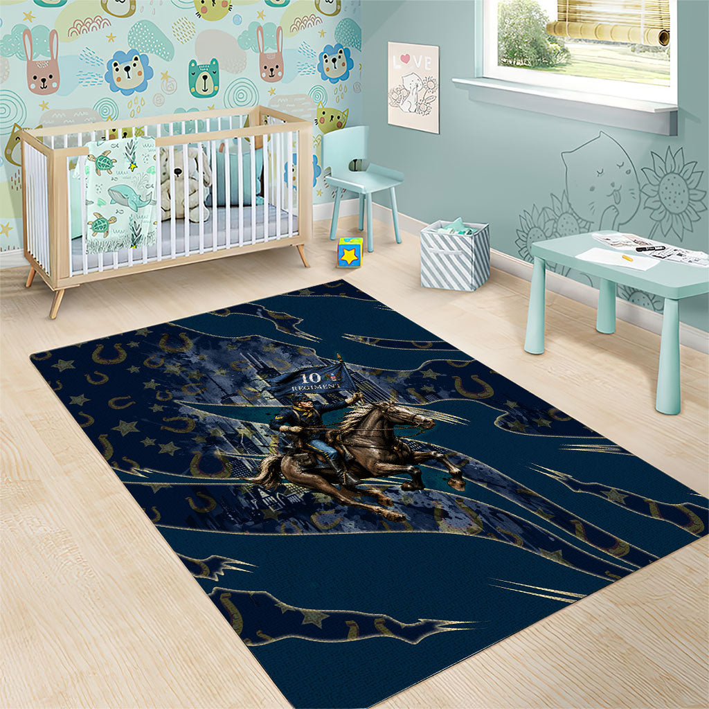 Buffalo Soldiers 10th Cavalry Regiment Ride Or Die Area Rug Patriotic Military Heritage Distressed City Skyline Graphic Art