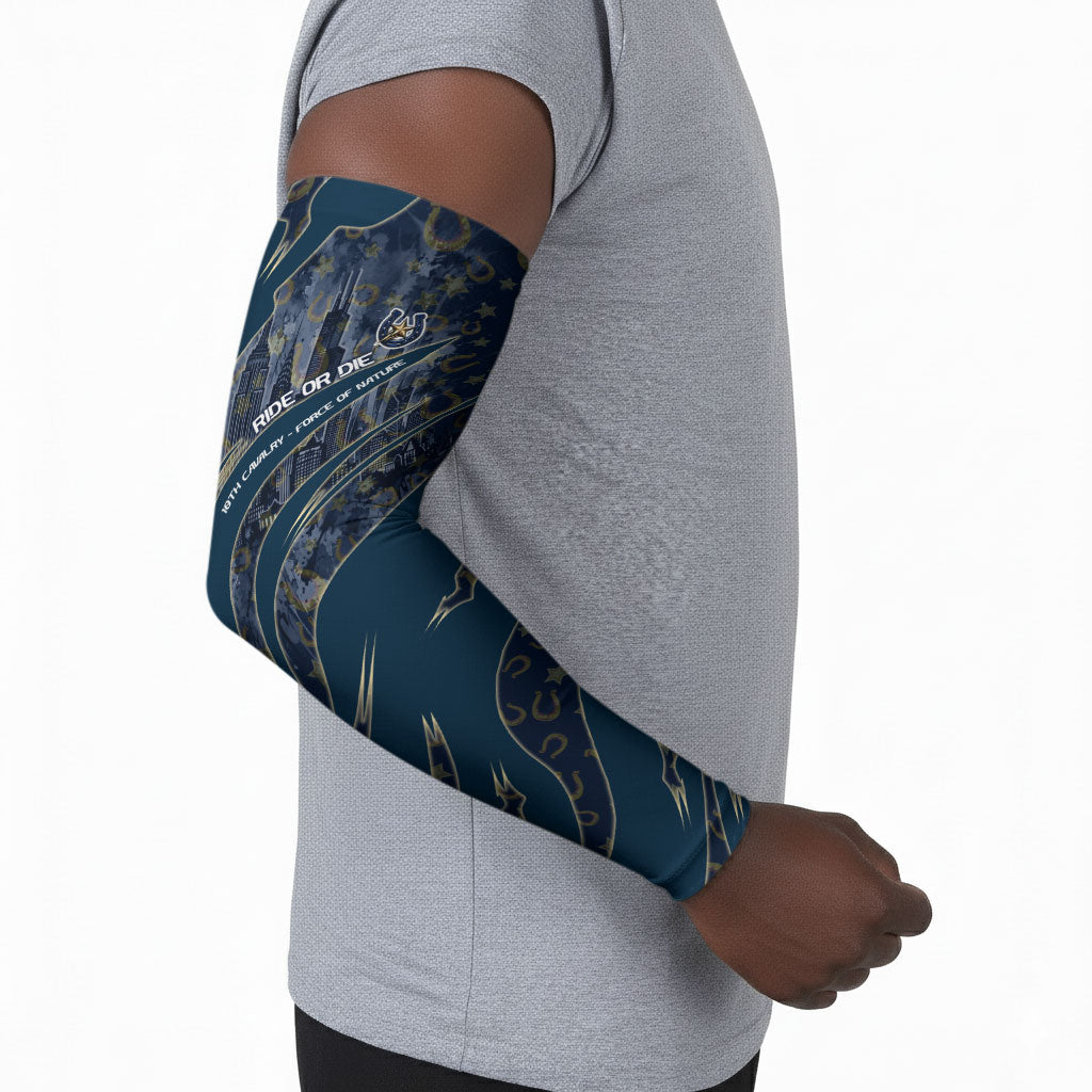 Buffalo Soldiers 10th Cavalry Regiment Ride Or Die Arm Sleeves Patriotic Military Heritage Distressed City Skyline Graphic Art