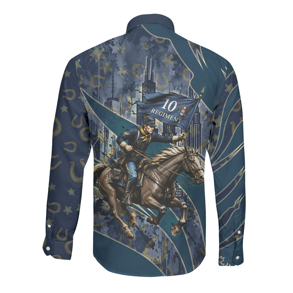 Buffalo Soldiers 10th Cavalry Regiment Ride Or Die Long Sleeve Button Shirt Patriotic Military Heritage Distressed City Skyline Graphic Art