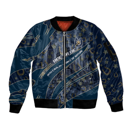 Buffalo Soldiers 10th Cavalry Regiment Ride Or Die Sleeve Zip Bomber Jacket Patriotic Military Heritage Distressed City Skyline Graphic Art