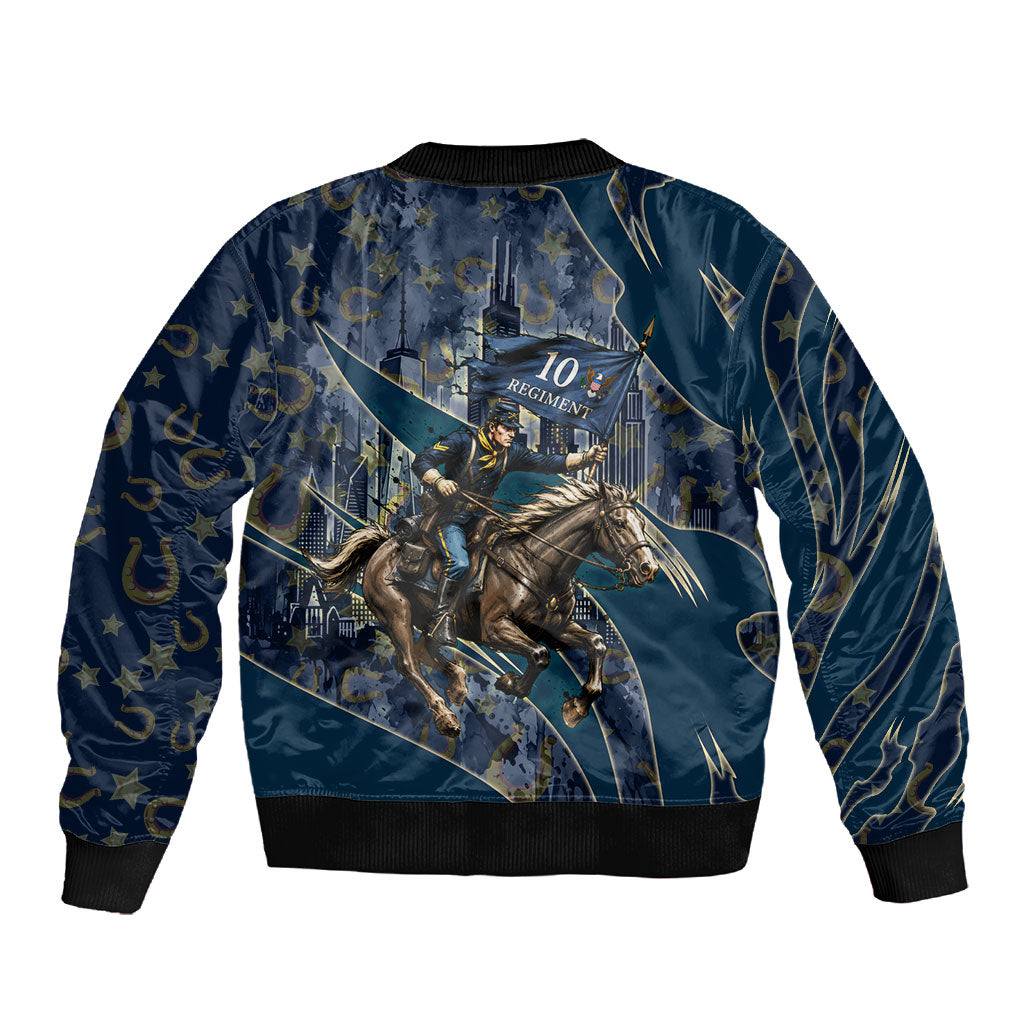 Buffalo Soldiers 10th Cavalry Regiment Ride Or Die Sleeve Zip Bomber Jacket Patriotic Military Heritage Distressed City Skyline Graphic Art