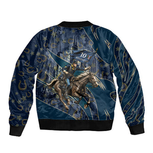 Buffalo Soldiers 10th Cavalry Regiment Ride Or Die Sleeve Zip Bomber Jacket Patriotic Military Heritage Distressed City Skyline Graphic Art