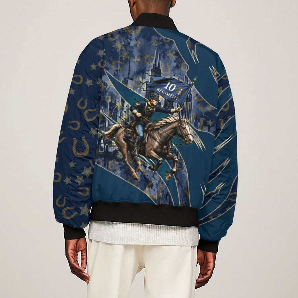 Buffalo Soldiers 10th Cavalry Regiment Ride Or Die Sleeve Zip Bomber Jacket Patriotic Military Heritage Distressed City Skyline Graphic Art