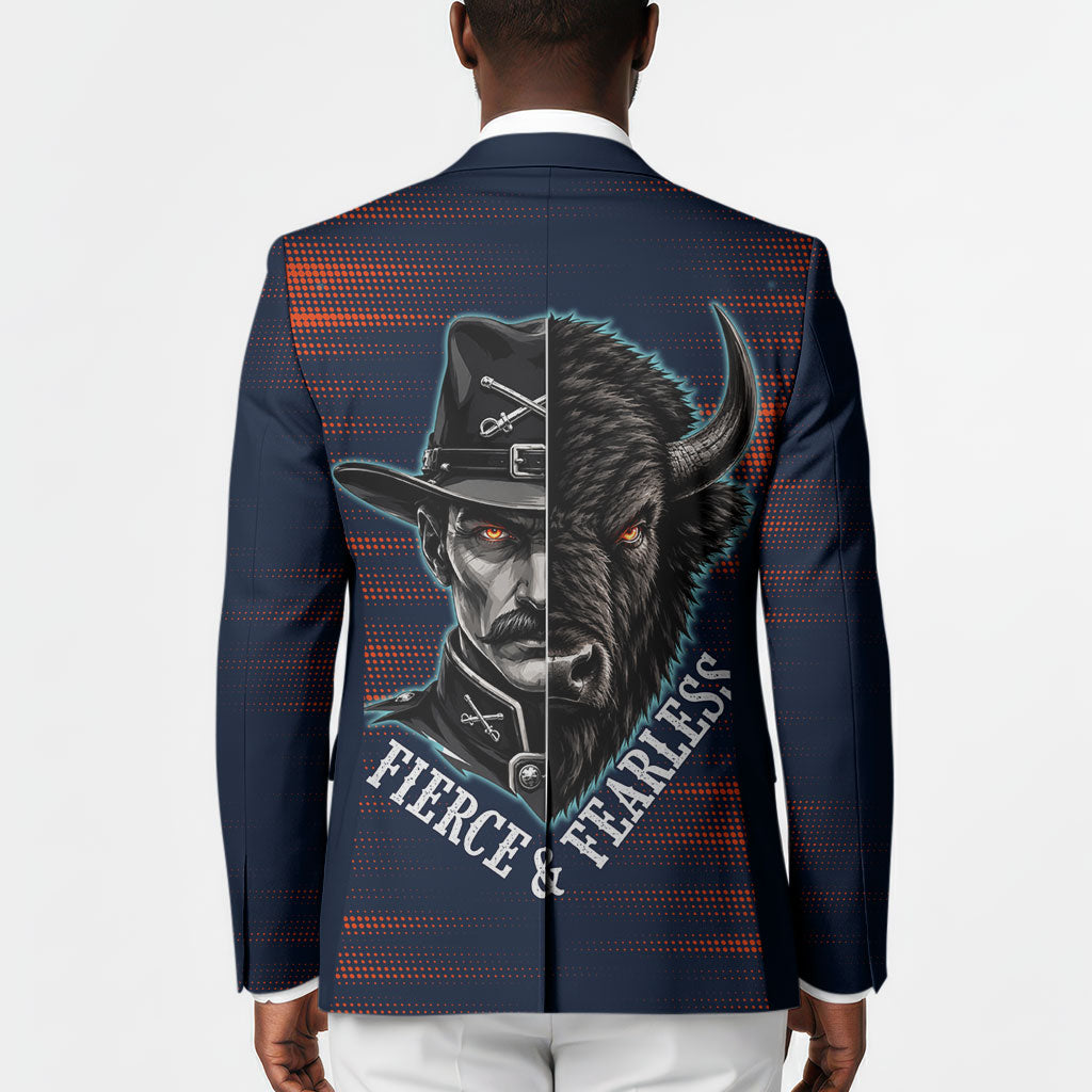 Buffalo Soldiers Fierce And Fearless Cavalry Blazer Half Face Soldier And Bison Halftone Graphic Art