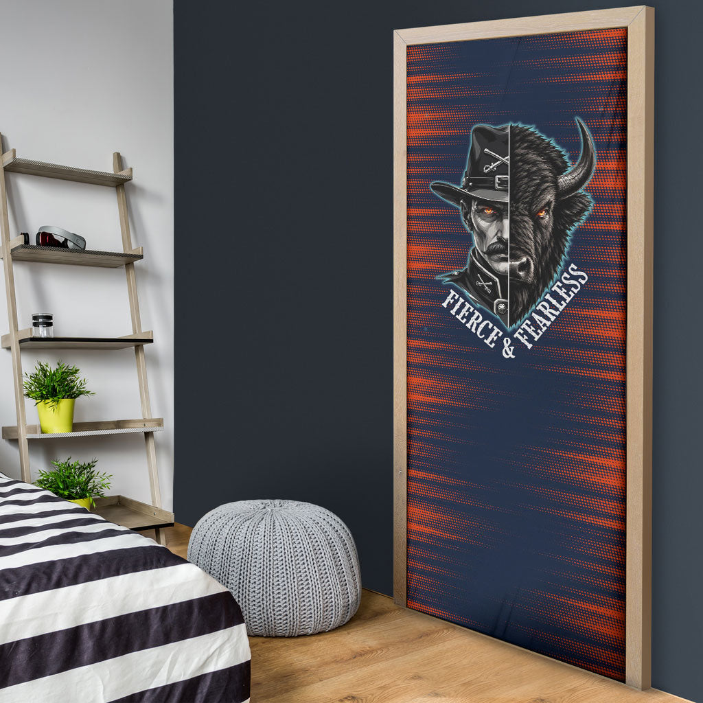 Buffalo Soldiers Fierce And Fearless Cavalry Door Cover Half Face Soldier And Bison Halftone Graphic Art