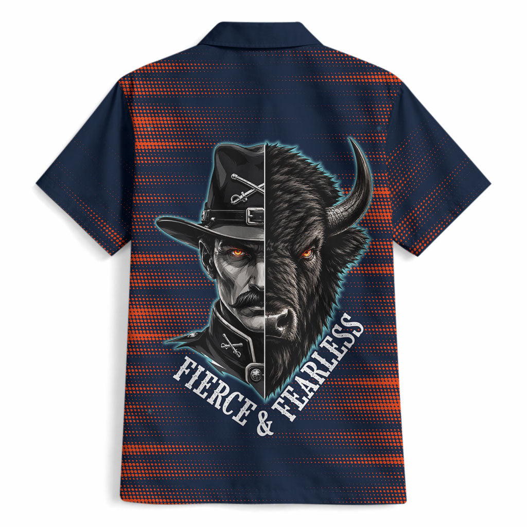 Buffalo Soldiers Fierce And Fearless Cavalry Hawaiian Shirt Half Face Soldier And Bison Halftone Graphic Art