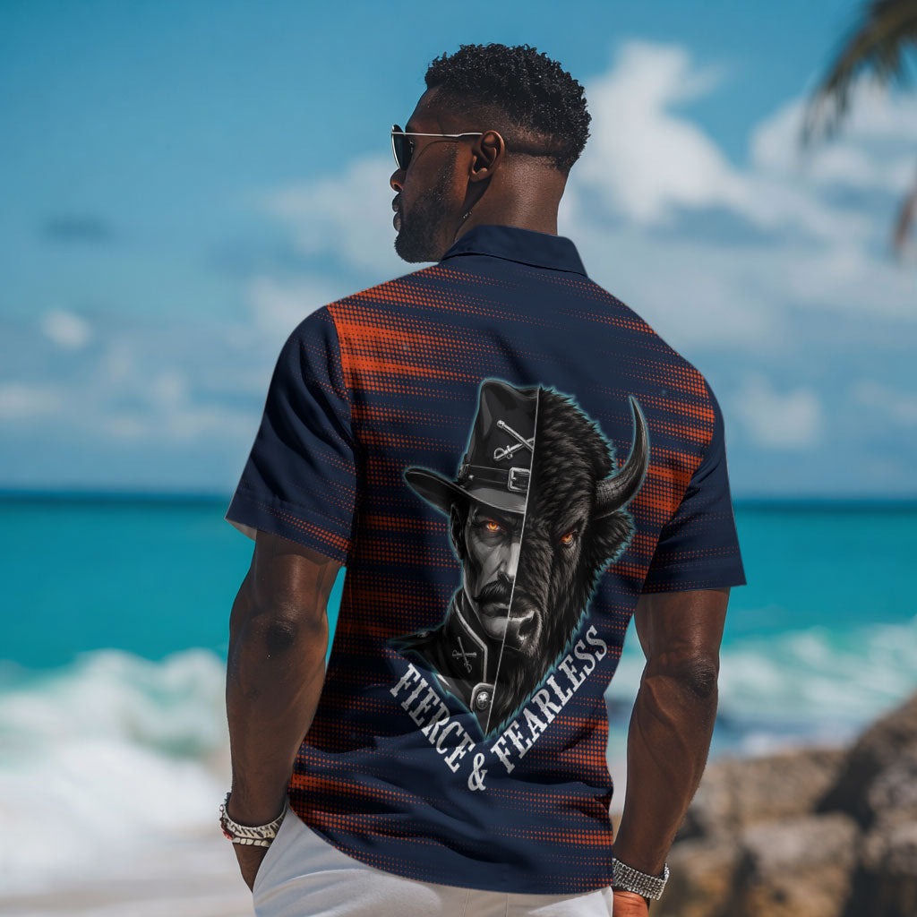 Buffalo Soldiers Fierce And Fearless Cavalry Hawaiian Shirt Half Face Soldier And Bison Halftone Graphic Art