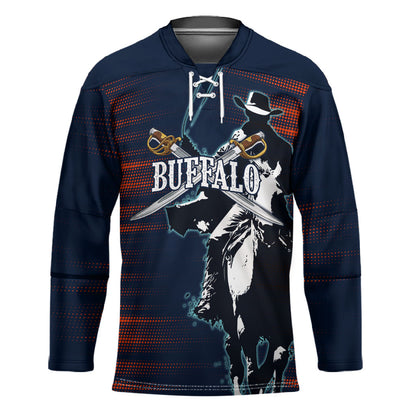 Buffalo Soldiers Fierce And Fearless Cavalry Hockey Jersey Half Face Soldier And Bison Halftone Graphic Art